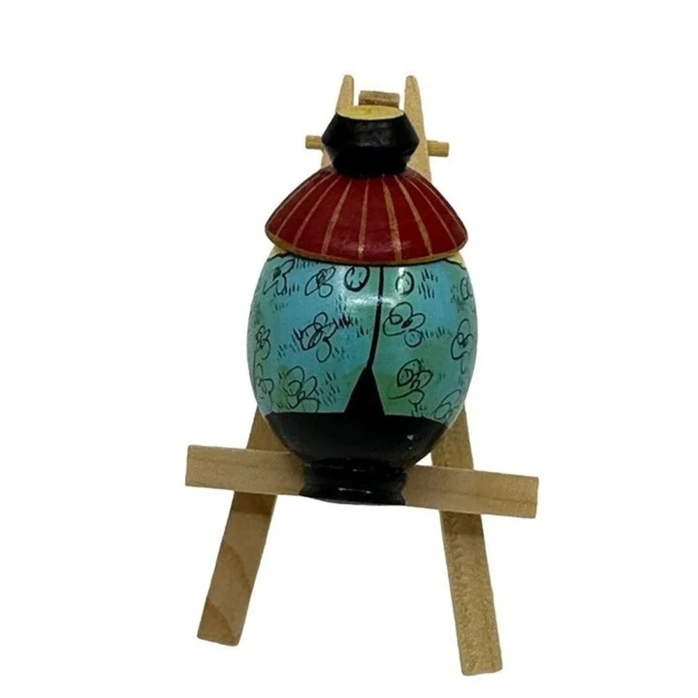 Wooden Figurine Turned Hand Painted Asian Conical Hat‎ Kimono Egg Shaped 3